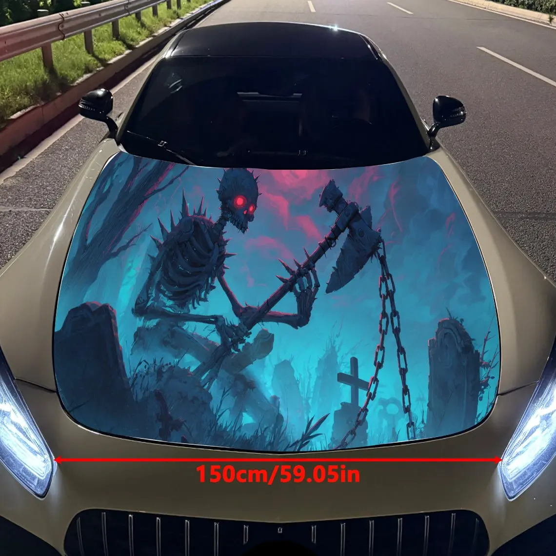 Creepy Giant Monster Skull in Graveyard Car Engine Hood Sticker, Auto Vinyl Wraps, Waterproof Self-adhesive Vehicle Decal, Durab