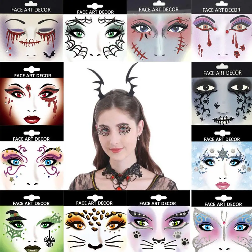 Pegatinas faciales coloridas para Halloween, pegatinas de maquillaje de ojos faciales, maquillaje de mujeres para cara, accesorios de Rave para fiestas, Festival,Dail K9U1