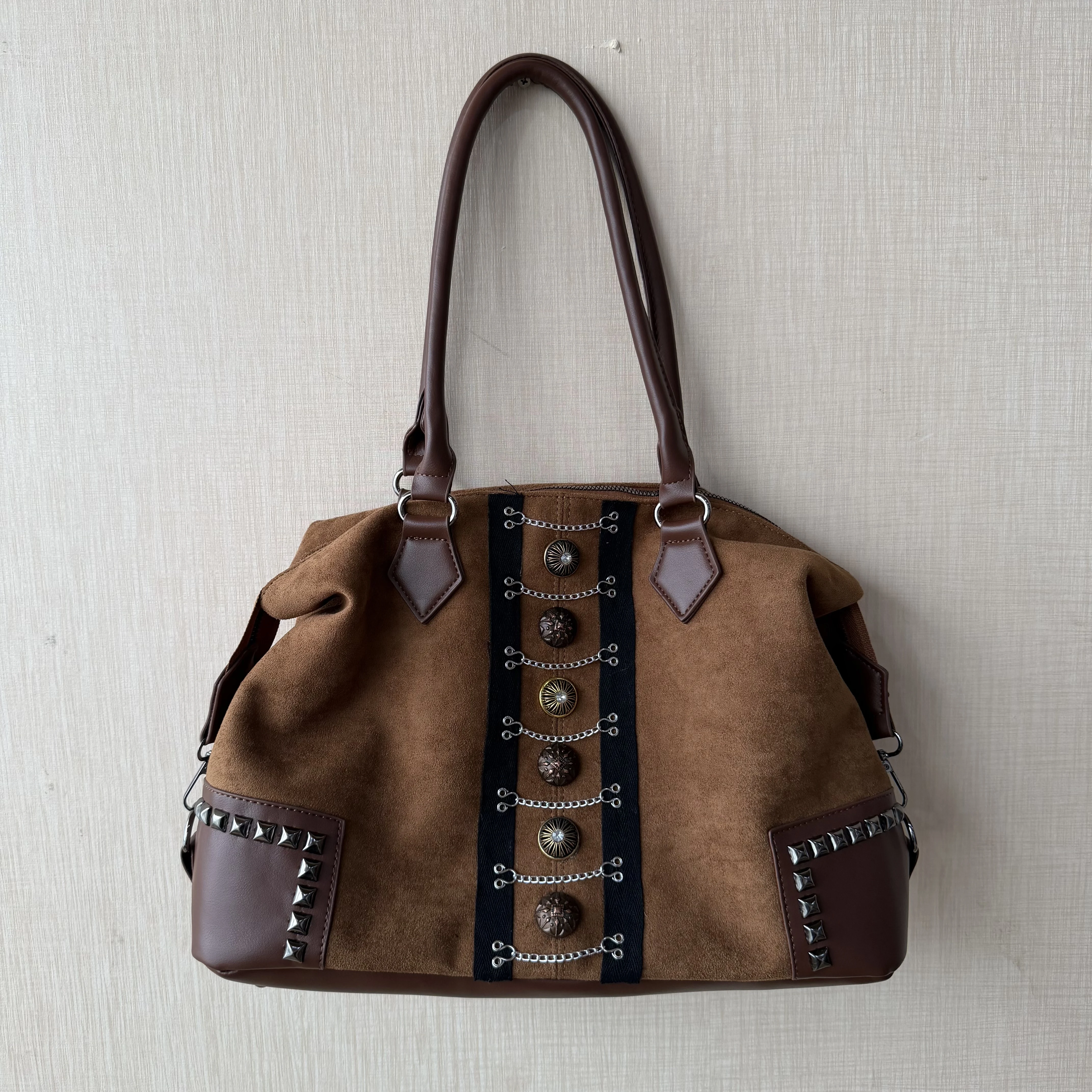 Original Vintage Suede Rivet Button Tote Bag Women's Large Capacity Commuter Chain Trim Bags for Women