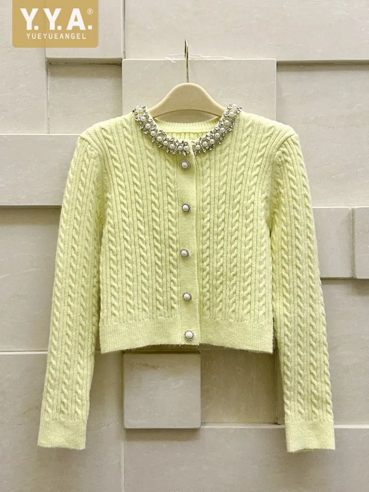 

Повседневный женский тонкий лимонно-желтый трикотаж, вязаный кардиган со стразами и круглым вырезом с длинным рукавом, модный офисный женский осенне-зимний свитер