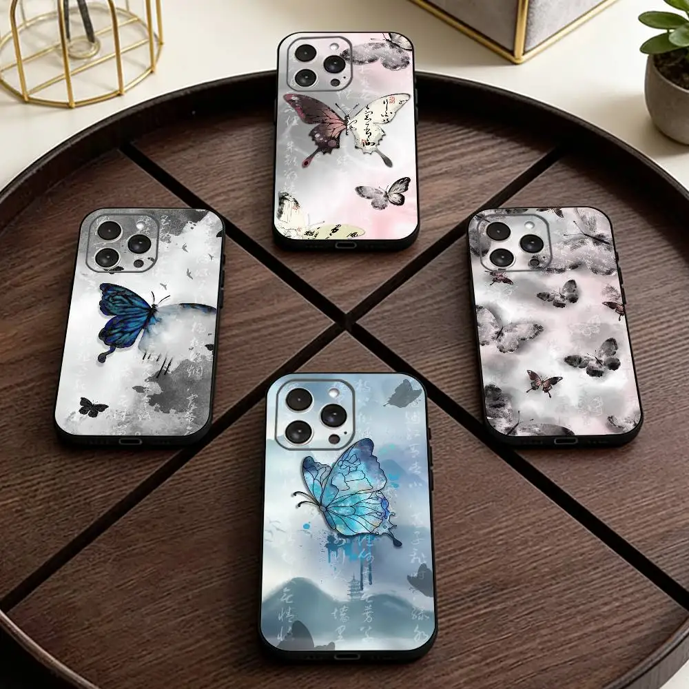 

Ink wash painted butterfly Phone Case For iPhone 17,16,15,14,13,12,11 Plus,Pro Max,XS,Soft Silicone Black Cover