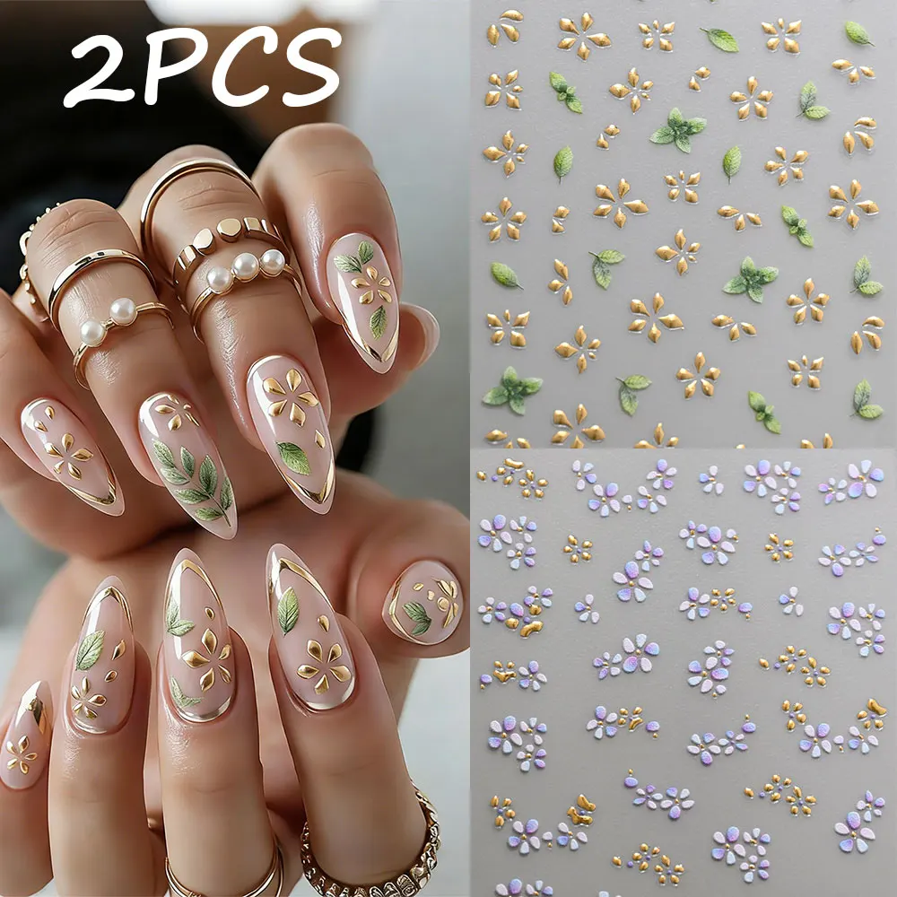 

1/2pcs 5D Relief Elegant Purple & Green Flower Nail Stickers Gold Petals Green Leaf Nail Decals Adhesive DIY Manicure Accessorie