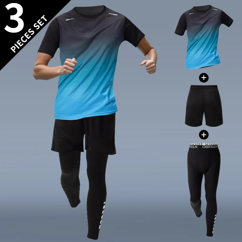 3-pcs Men's Casual Quick-drying Short-sleeved Shorts And Trousers Suit Running And Playing Fitness Coat Comfortable Sports Short