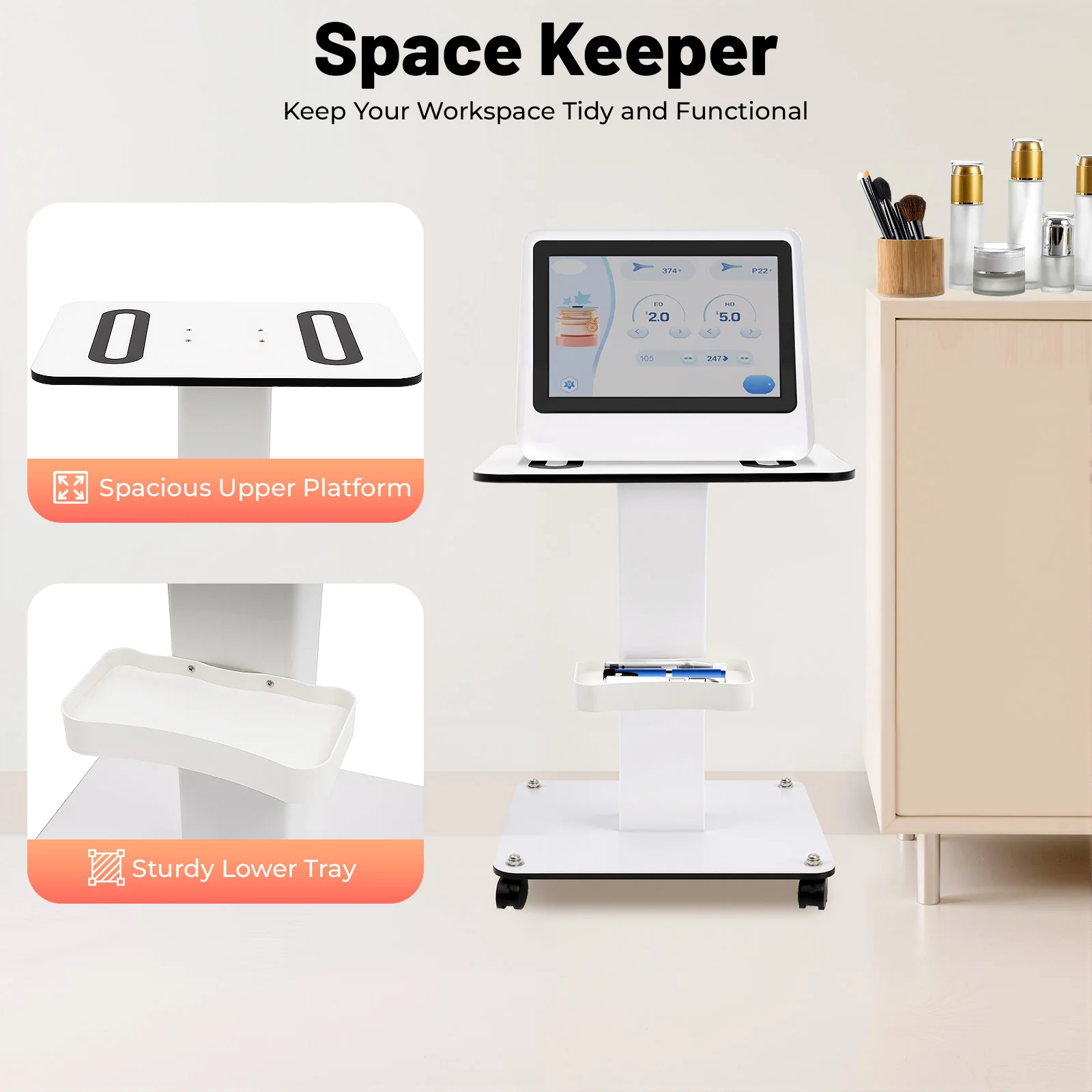 

Косметологическая тележка-этажерка на колесах, 3-ярусная мобильная тележка для салонов красоты, спа-салонов и косметологических кабинетов, максимальная нагрузка 110 фунтов