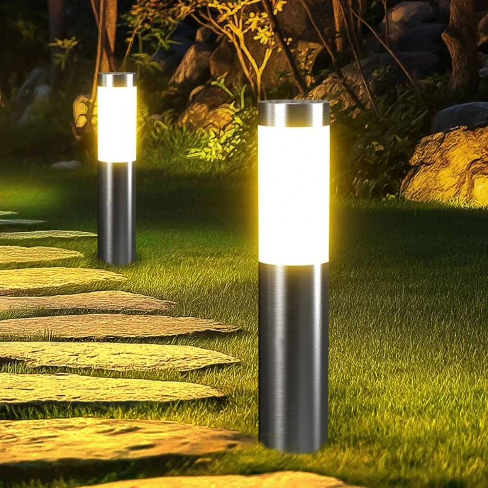 Solar Stainless Steel LED Modern Pathway Lights Upgraded Courtyard Outdoor Garden Cylindrical Lawn Light Outside Walkway Decor