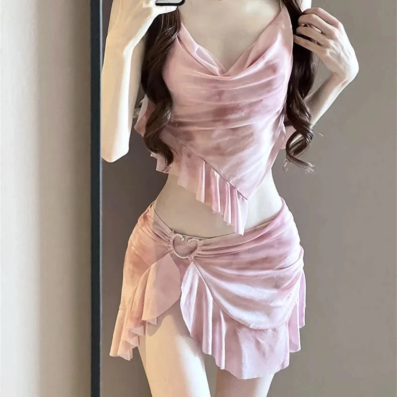 

New Korean Style Bikini Set Women Pink Gradient Ruffles Push Up Mesh Skirt 3 Piece Swimsuit Summer Bathing Suit Holiday Swimwear