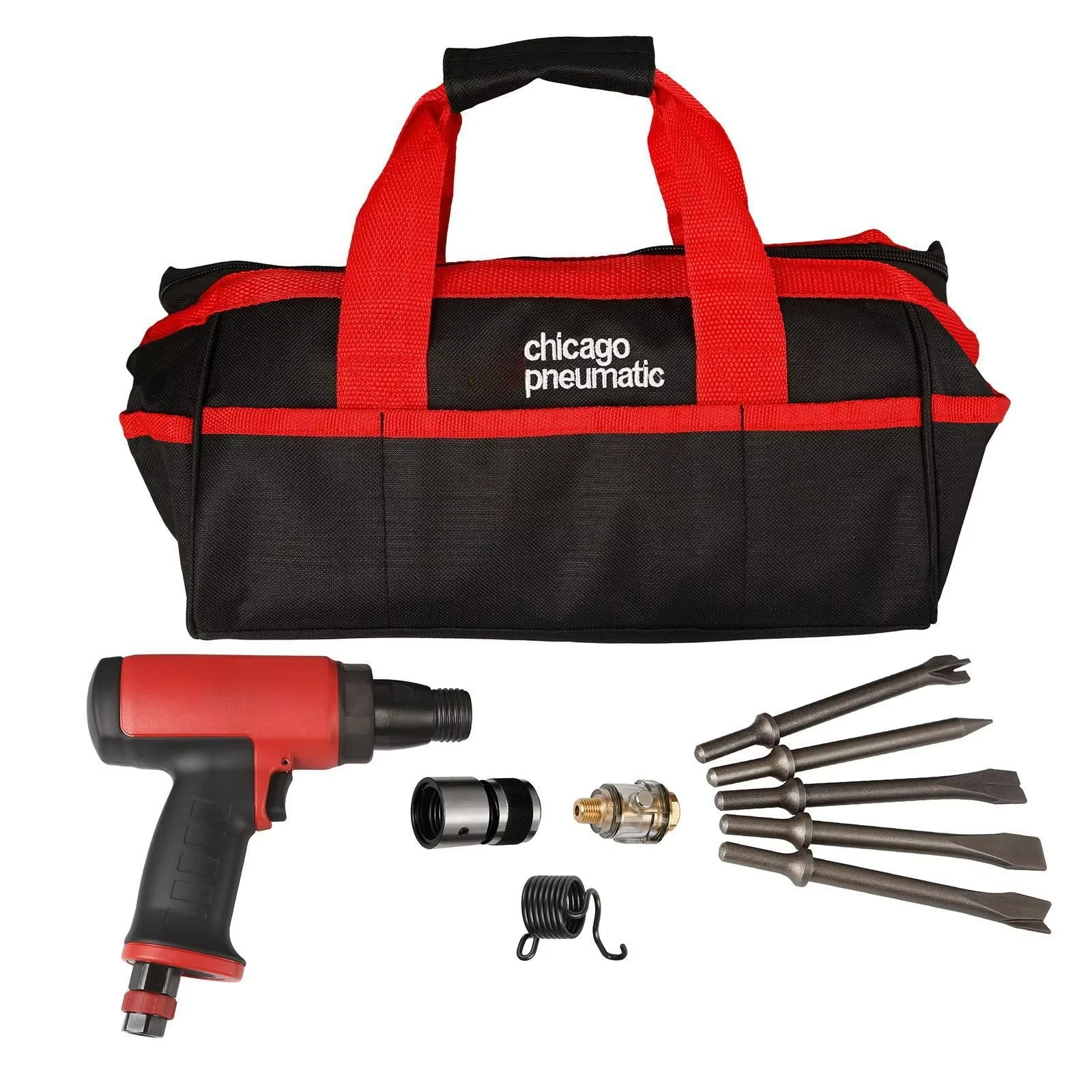 Chicago Pneumatic CP7160K pistol-grip air impact chisel kit 19Pc 250mm for auto chassis & engine timing repair with accessories.