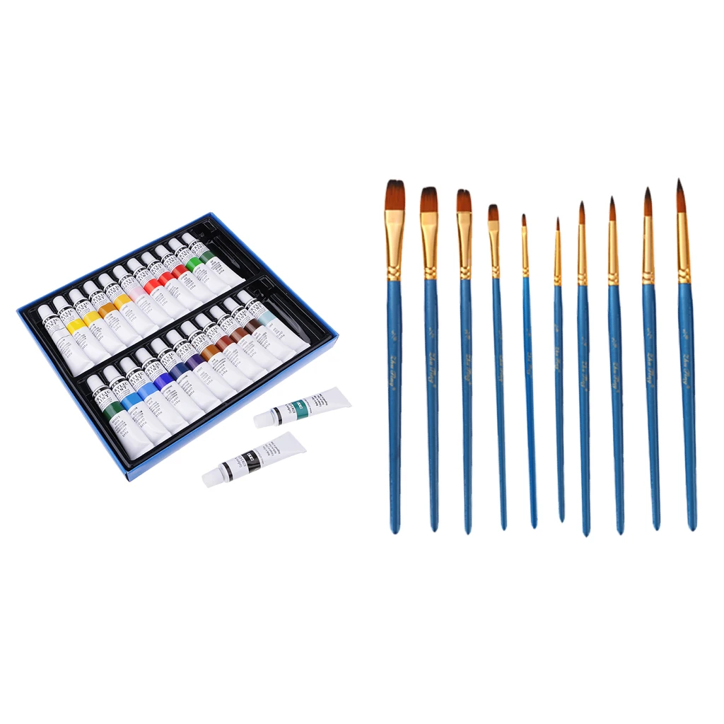 Acrylic Painting Kit Set 10pcs Nylon Brushes +24 Colors Tube Acrylic Paint