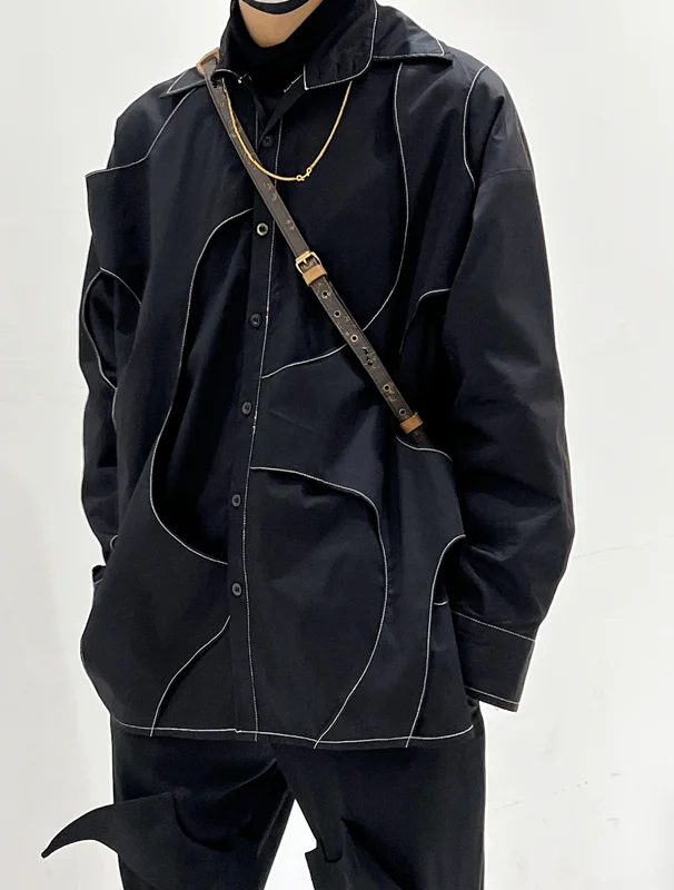 

2022 Men's Black 3D cut fake 2 bright line twist super loose oversize long sleeve shirt Autumn