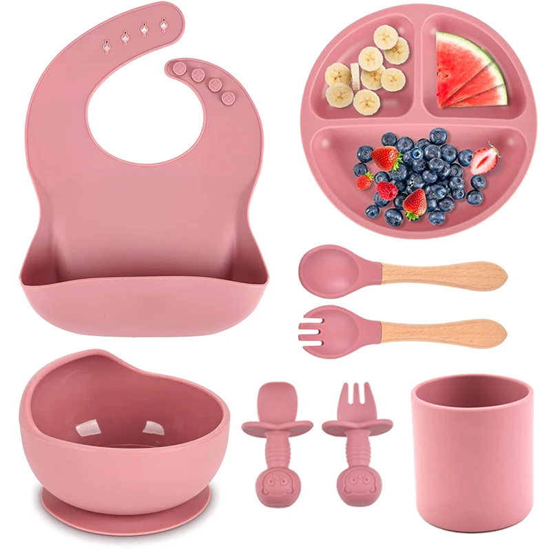 Louça de silicone de 3 compartimentos para bebês e crianças, conjunto de tigela de comida com garfo e colheres, segura e segura, 8 peças