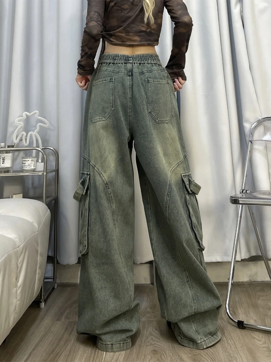 Pantalones Cargo de mezclilla Retro para mujer, pantalones holgados de pierna ancha con cordón multibolsillo, ropa de calle Vintage Y2k, pantalones vaqueros femeninos