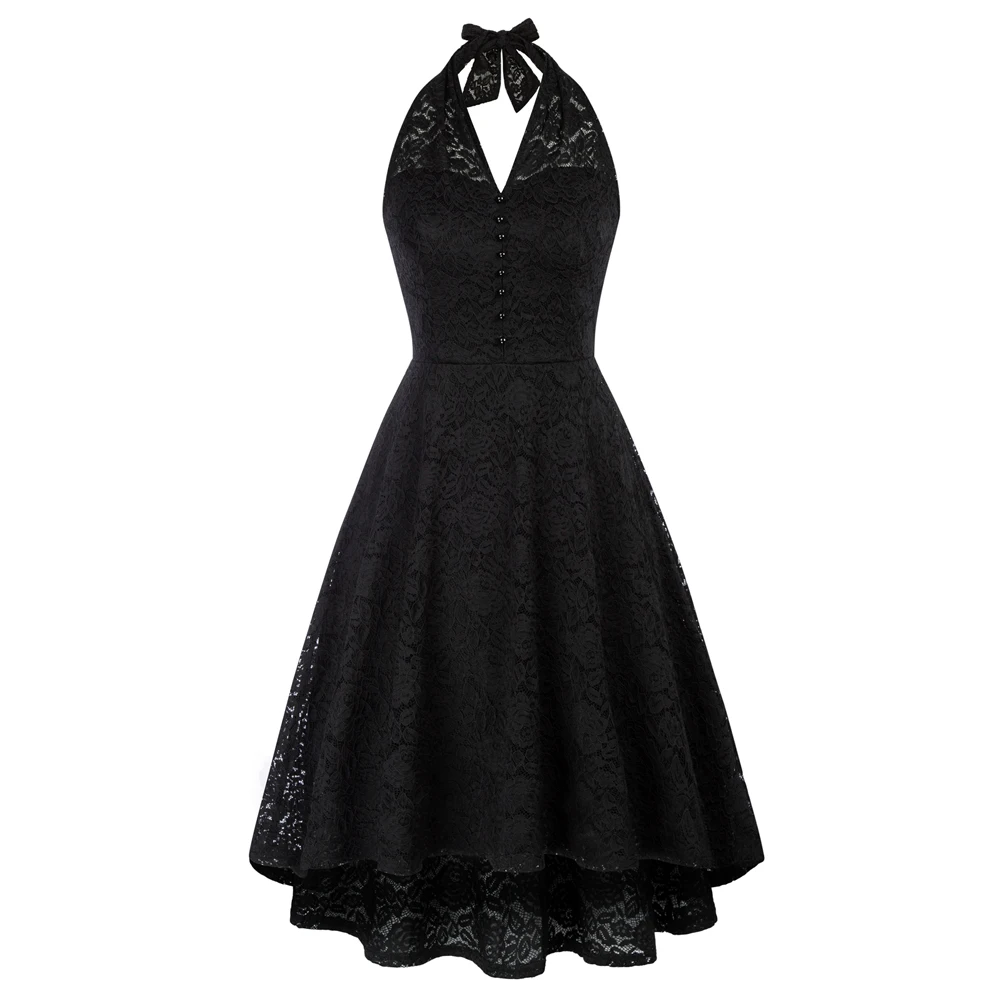 

BP Dress For Women Vintage Lace Halterneck Dress Elegant V-Neck High-Low A-Line Dress Temperament High Waist dresses