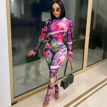 Seksi Mesh Sheer 2 parça Set kadın festivali giyim Bodysuits üst tayt baskı eşleştirme setleri iki parçalı kulübü doğum günü kıyafetleri