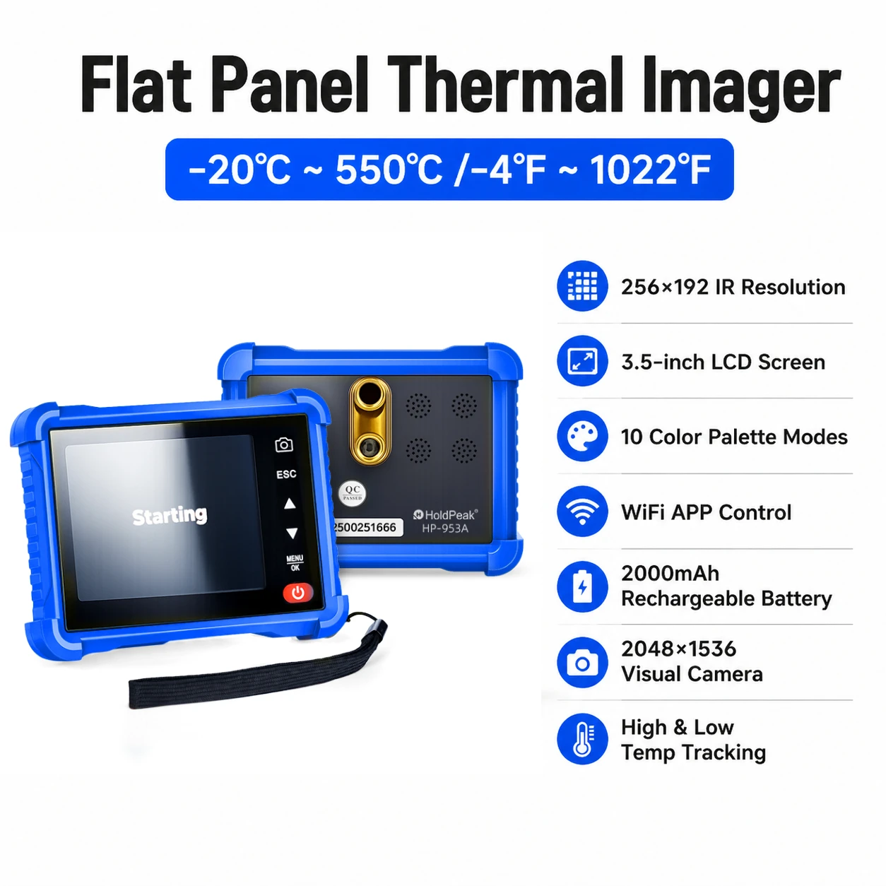 

Flat Panel Thermal Imager 256×192 IR Resolution -20℃~550℃ WiFi APP Control 3.5-inch LCD High Low Temp Tracking Thermal Camera