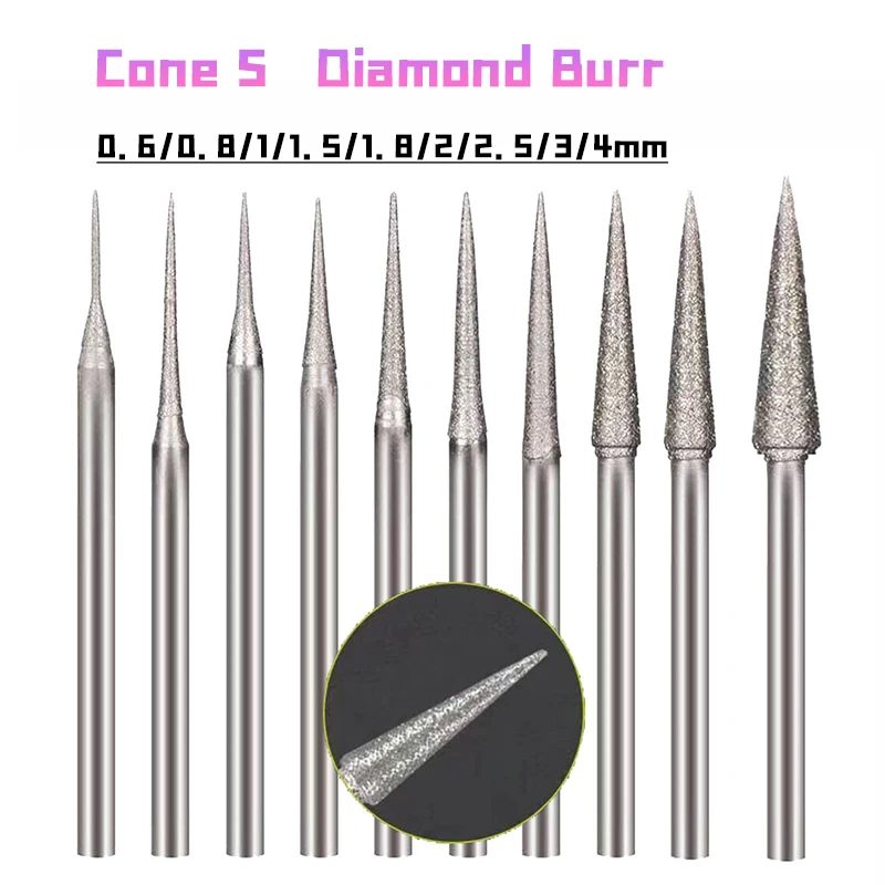 0.6mm to 4mm Cone Shape Diamond Burr 3/32''(2.35mm) Shank Diamond Cone Burs Stone Carving Bits for Rotary Tool Include Dremel
