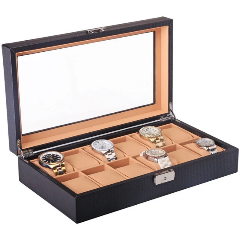 Luxury Leather Watch Storage Box Black Large Jewelry Organizer Box with Lock Transparent Dustproof Jewellery Storage Caes Gifts