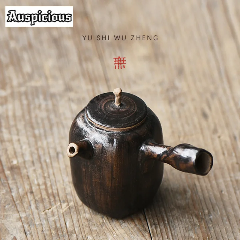 130ml Japanese Handmade Rough Pottery Side Handle Pot Creative Square Pot Chinese Tea Brewing Kettle Zen Kungfu Teaware Gift Box