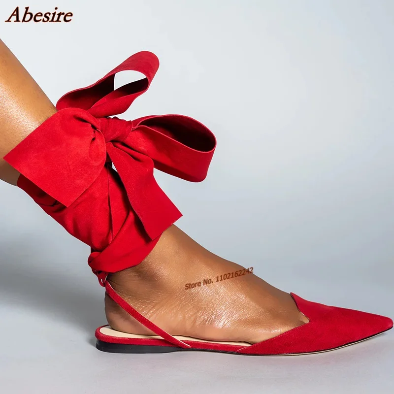 2023 New Summer Bow Tie Pumps Solid Color Pointed Toe Side Empty Suede Flat Sandals Comfortable Casual Fashion Versatile Pumps