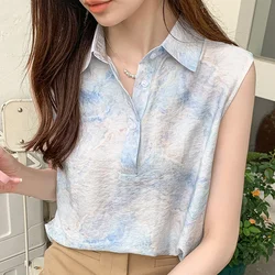 2024 Summer Fashion Women Shirt Floral Womens Tops Chiffon Sleeveless  Women Blouse Basic OL Female Clothing Button Vest Shirts