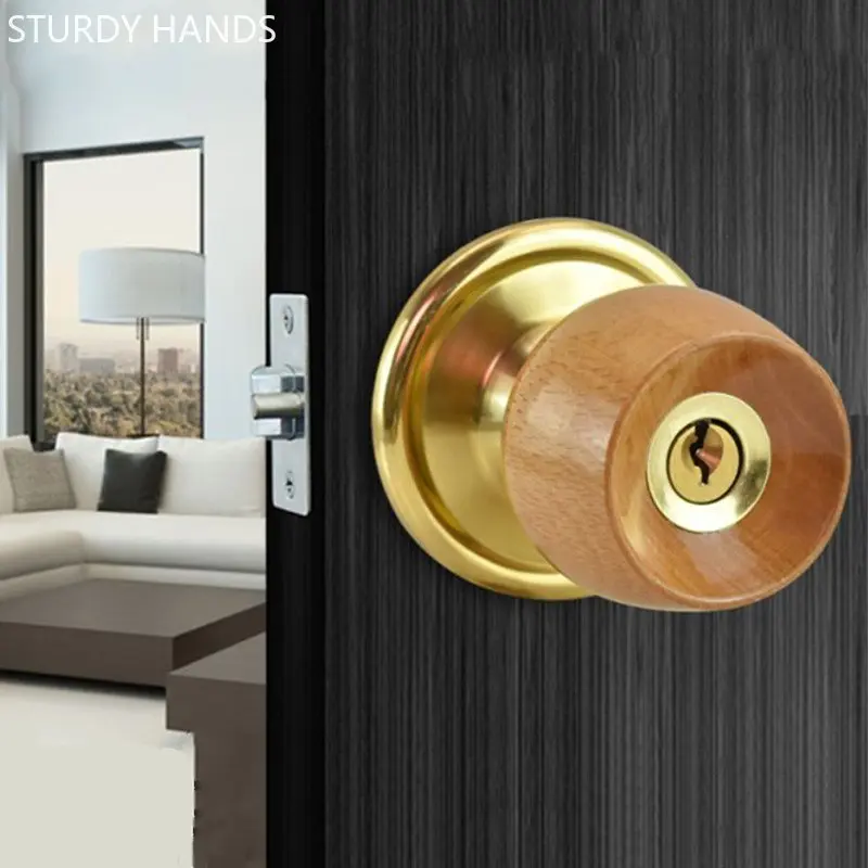 1 Set Wood And Metal Lnternal Door Lock Round Ball Door Knobs Handle With Key For Bedroom Living Room Bathroom Hardware