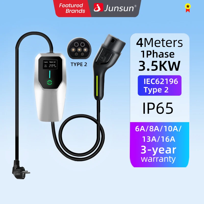 Junsun ev charger 3.5KW 5 metres 1 phase type 2 100w charger wallbox 3.5KW type 2 for Tesla Kia Dacia Renault Nissan VW Hyundai