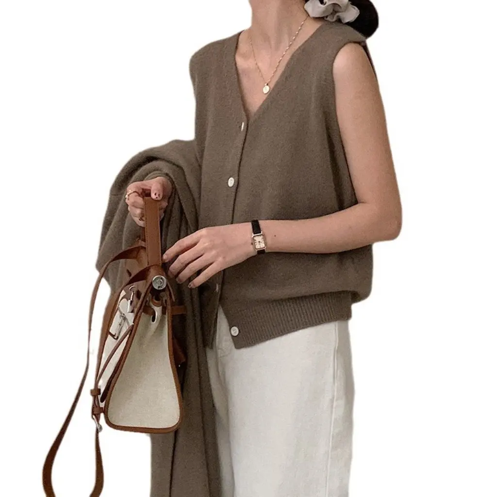 

Женский бархатный вязаный кардиган с енотом, жилет без рукавов с v-образным вырезом, ранняя осень, повседневный многослойный шерстяной свитер, куртка