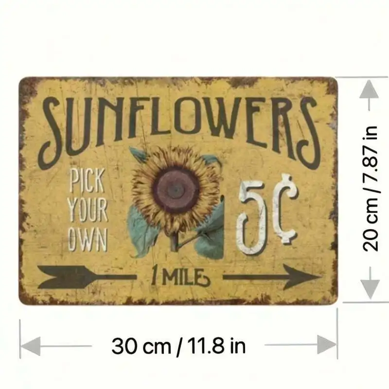 2D Flat - 1pc Vintage Farmhouse Tin Sign Wall Art - Sunflower Pick Your Own Rustic Metal Decor, Reusable Country Kitchen & Home
