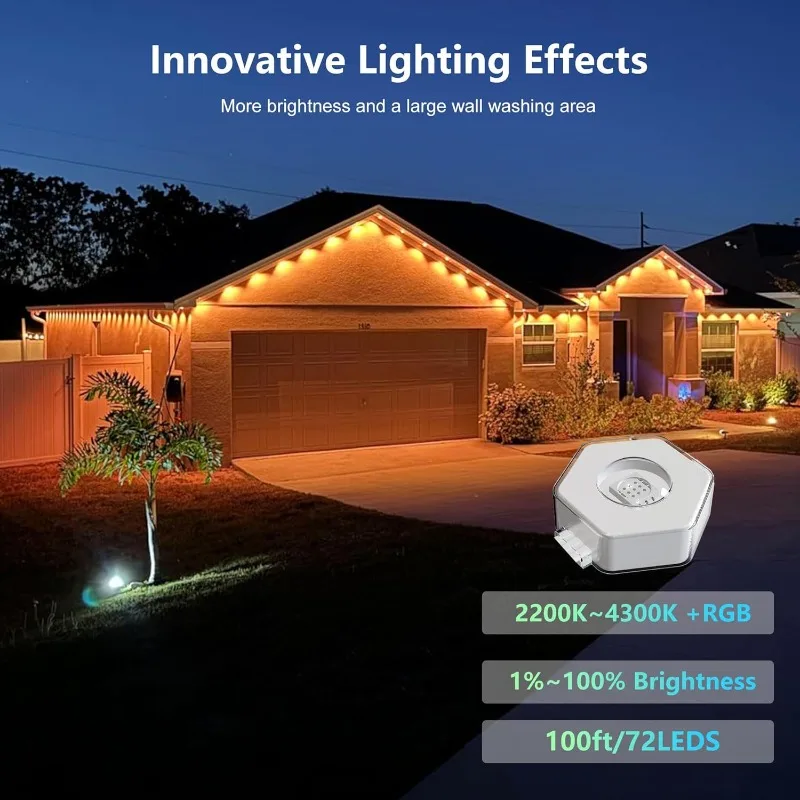 ASLONG Permanent Outdoor Lights with App & Remote, 100ft Smart Eaves Lights with RGBW LEDs, Endless Light Colors, Daily