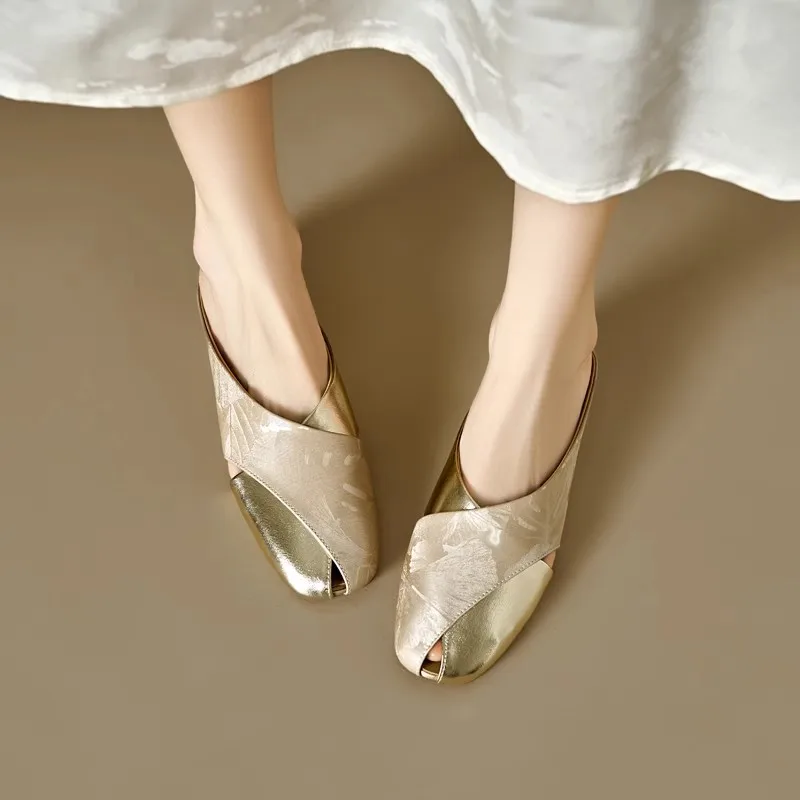 Women's Baotou Half Slippers Summer Soft Leather Printing Color Blocking Square Head Hollow Flat Slippers