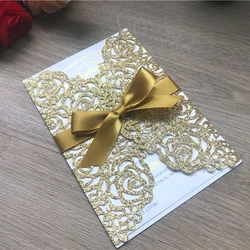 10 pieces Luxury Gold Glitter Wedding Invitation Card With Ribbon, Laser Cut Rose XV Quinceanera Birthday Party Cards IC055