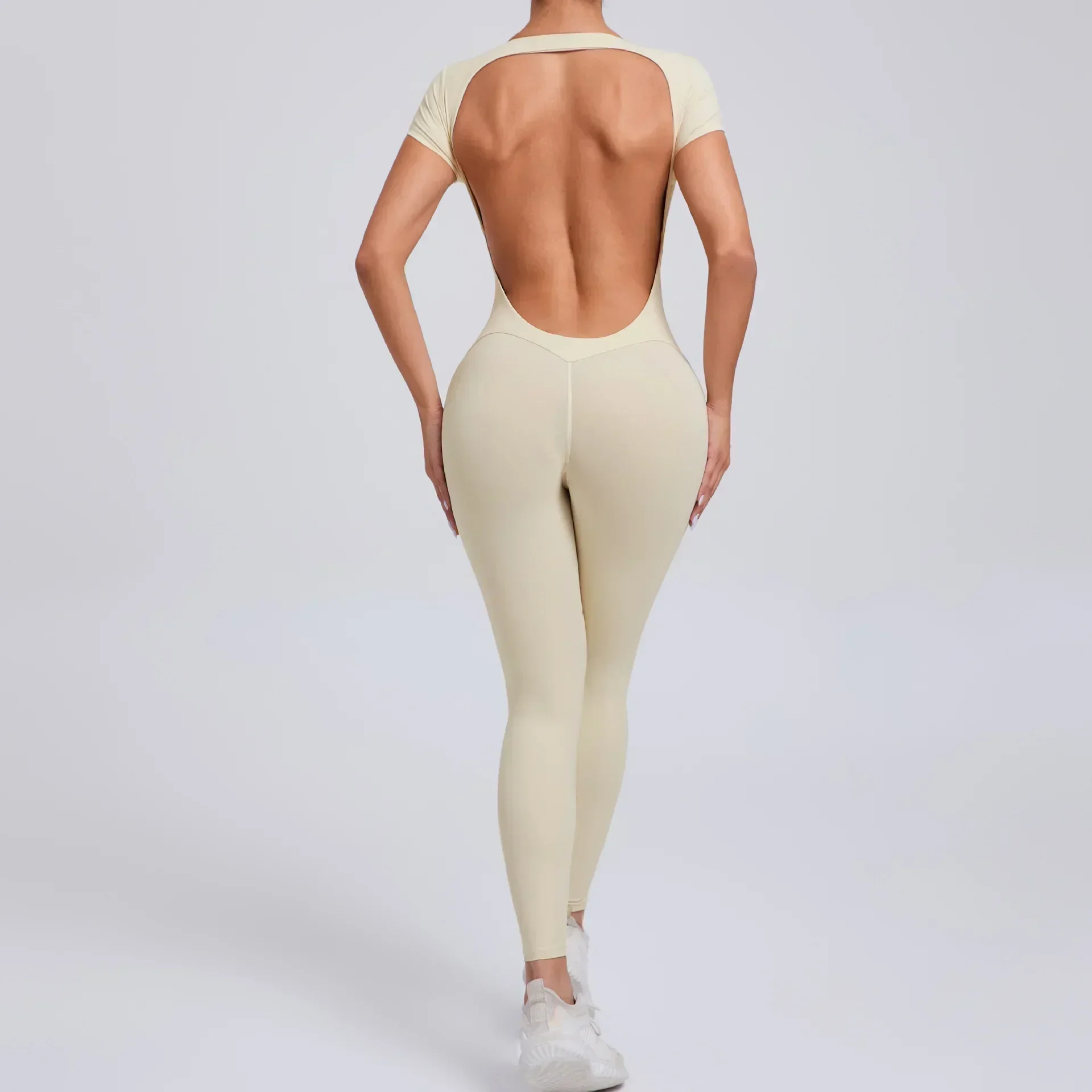 Sexy oco sem costas esporte macacão feminino conjunto de uma peça yoga ginásio outfit manga curta macacão de fitness roupas de treino