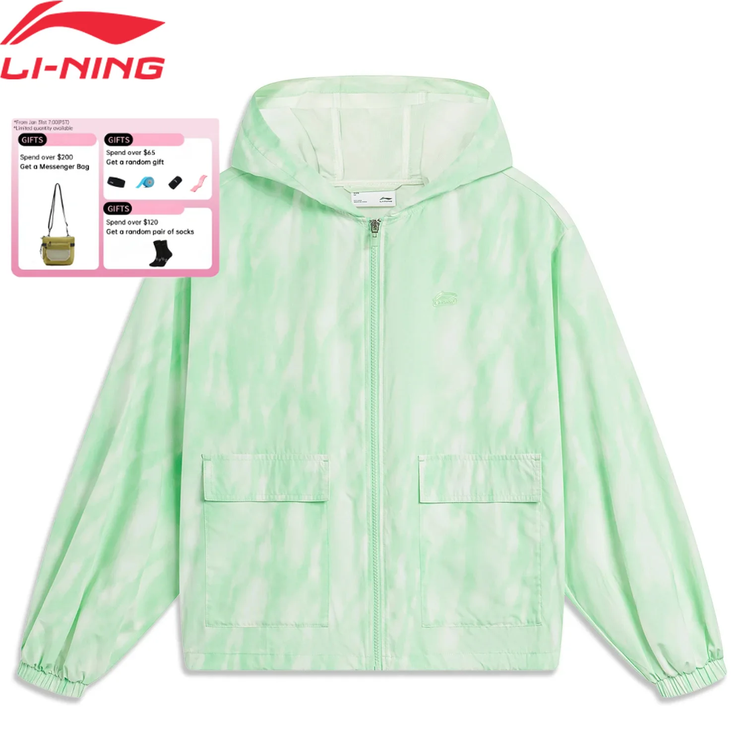 

Li-Ning Women's Sports Style Hooded Windbreaker Loose Fit Jacket AT._UV-50+ Pockets LiNing Fashionable Casual Jackets AFDU374