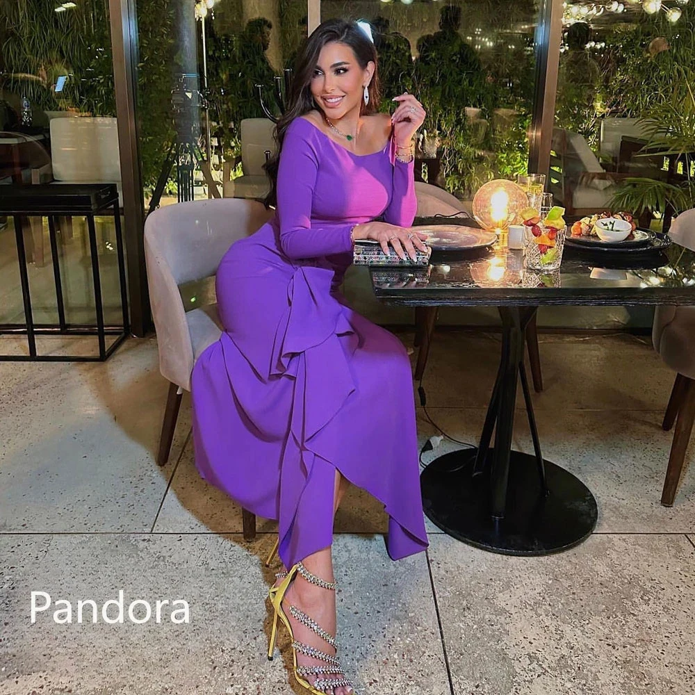 Pandora personalizado púrpura Dubai vestido de noche Formal para mujer con cuello barco plisado manga larga hasta el tobillo vestido de fiesta de gasa