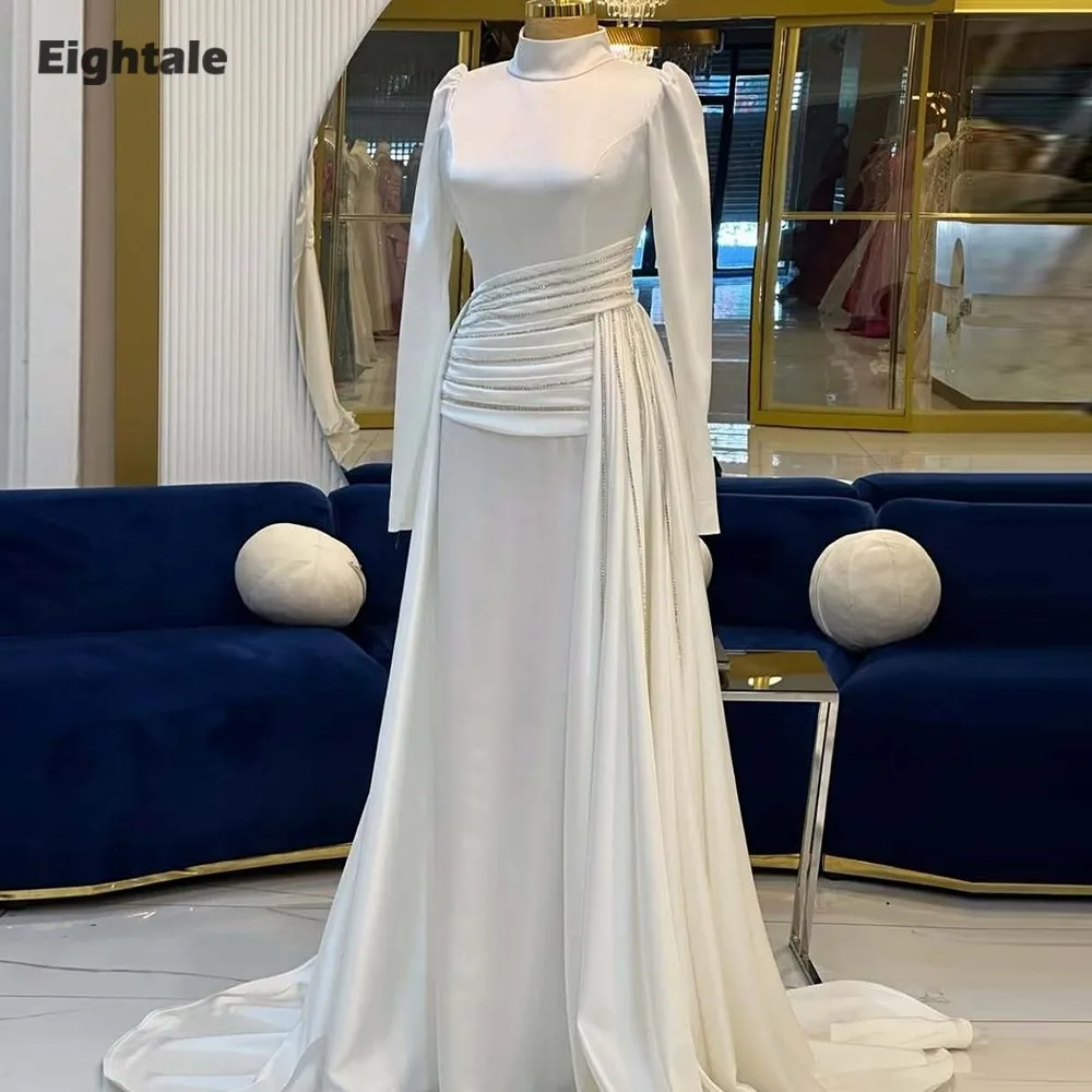 

Eightale Arabic Wedding Dresses High Neck Customized Long Sleeve Mermaid Satin Sweep Train Bridal Gowns Vestidos De Novia