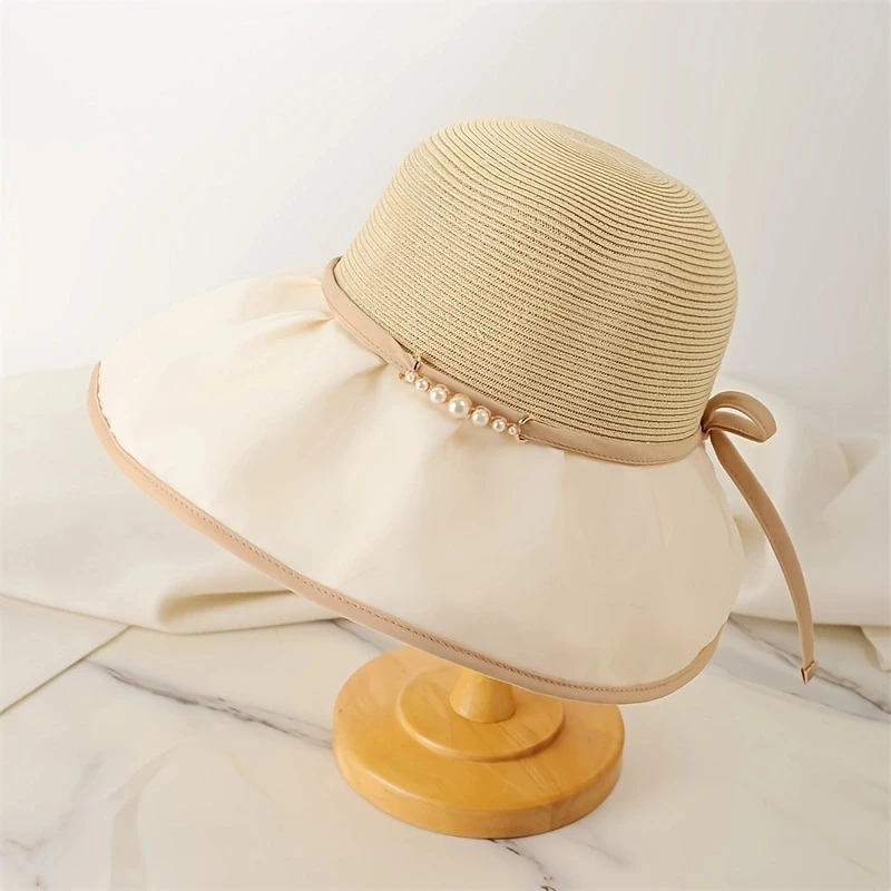 Fabric splicing pearl decorative fashion fisherman hat women's summer elegant all draped large overhang visor hat sun basin hat