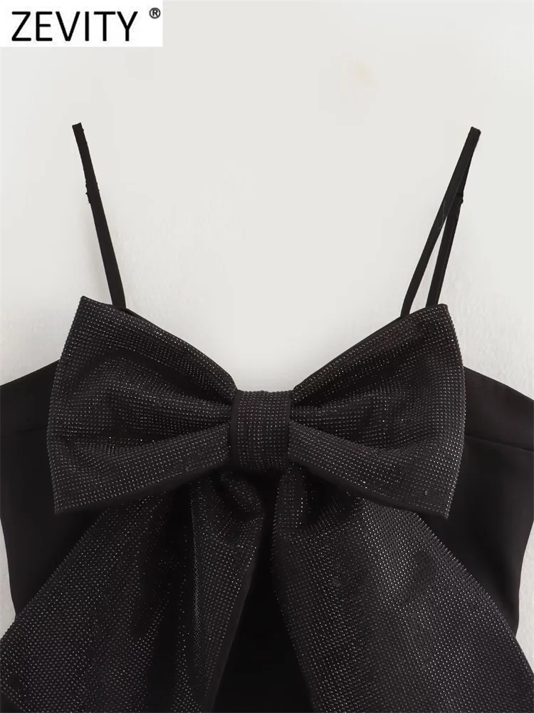 Zevity 2024 Women Sexy Sequined Big Bow Design black Sling Blouse Female Back Zipper Streetwear Shirts Blusas Chic Tops LS7224