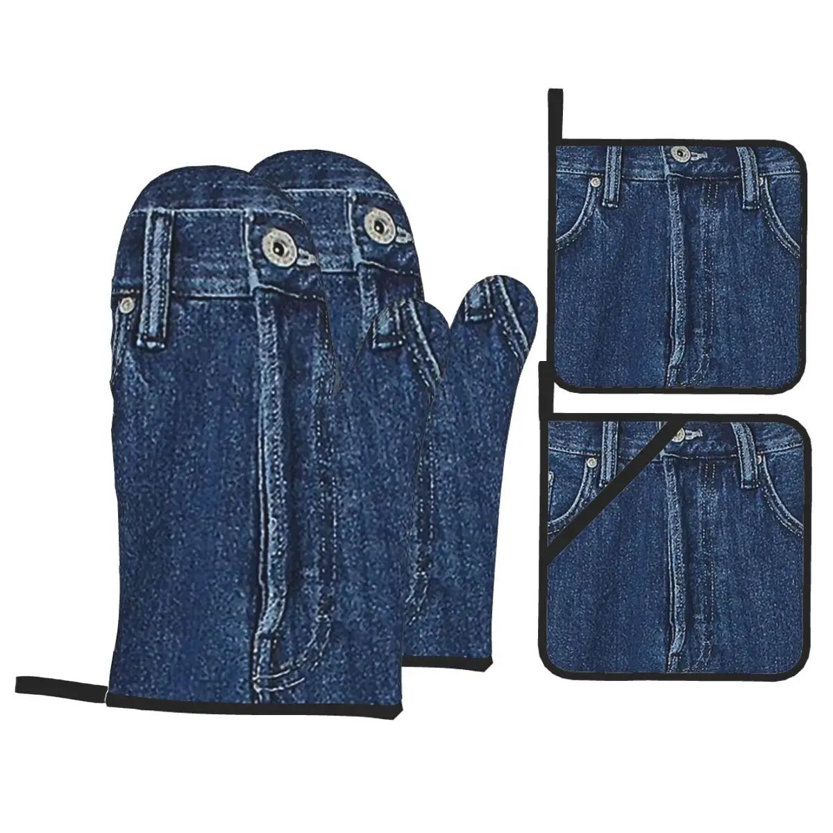 Blue Denim Classic Jeans Texture Oven Mitts and Pot Holder Sets of 4 for Baking Kitchen Cooking BBQ Resistant Non-Slip Gloves