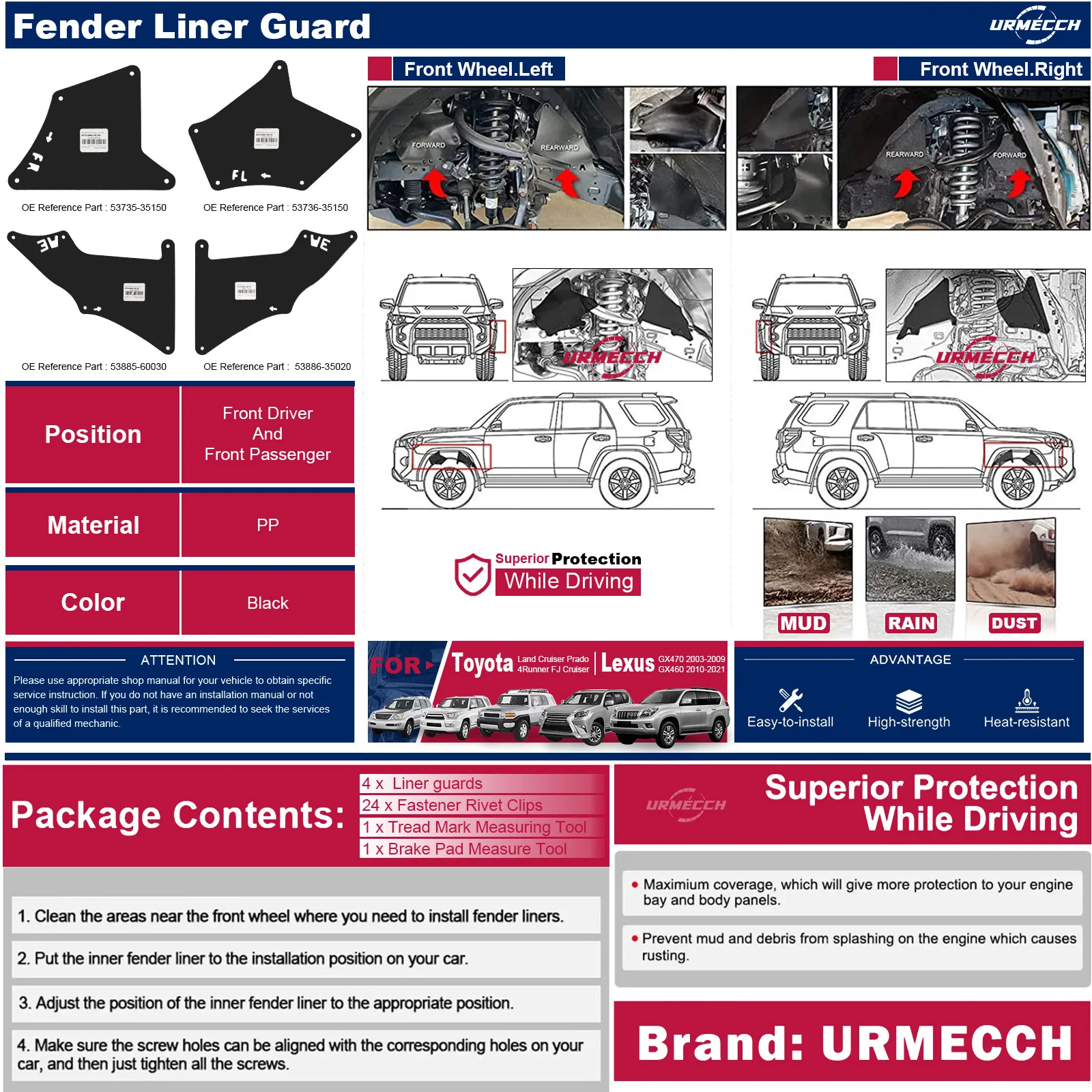 Paraspruzzi paraspruzzi interni per Toyota Land Cruiser Prado 03-20 paraspruzzi guarnizione scudo con strumento di misurazione della profondità del battistrada del pneumatico