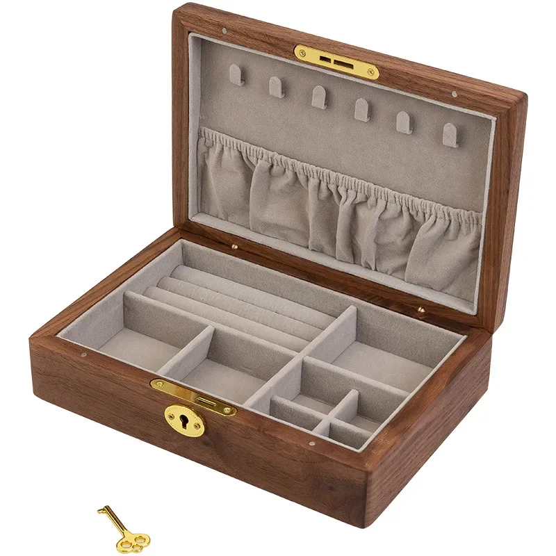 

Cosmetics storage box with lock, high-end exquisite retro black walnut solid wood jewelry box, pendant storage box