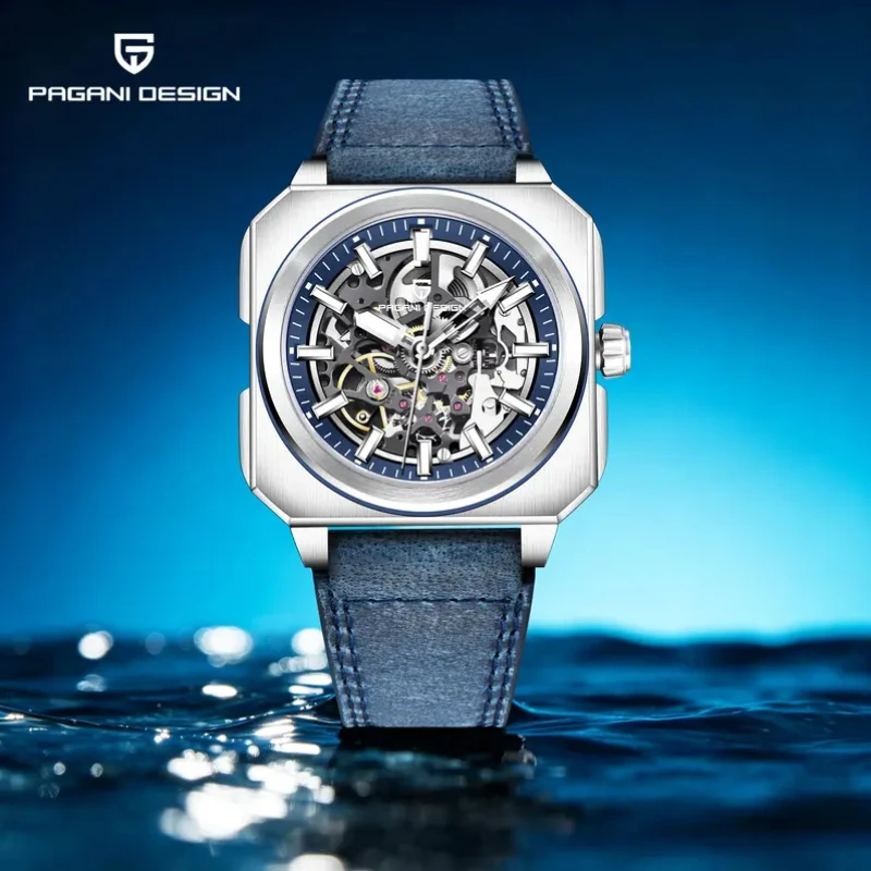 PAGANI DESIGN Men Square Automatic Mechanical Watch Skeleton Dial Multi Color Leather Rubber Strap Waterproof Sports Wristwatch