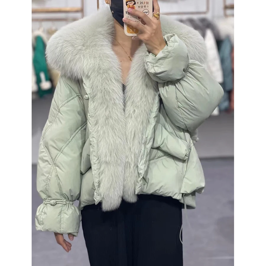 MENINA BONITA 2023 Fashion Real Fur Coat Women Goose Down Jacket Luxury Brand Natural Silver Fox Fur Collar Coat Warm Streetwear