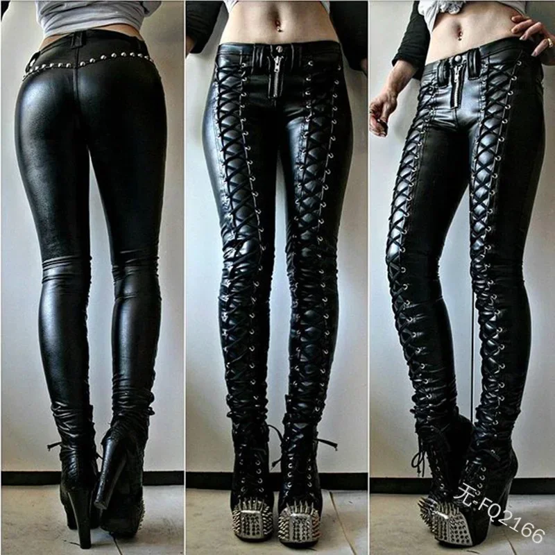 5XL Large Size Leggings Punk Gothic PU Leather Pencil Pant Women Sexy Skinny Trouser Lace Up Rivet Zipper Retro Long Biker Pants