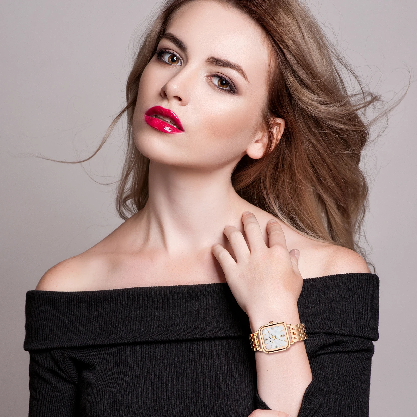 Lancardo นาฬิกาควอตซ์หน้าปัดสี่เหลี่ยมแวววาวของผู้หญิงนาฬิกาข้อมือสแตนเลสนาฬิกาผู้หญิงของขวัญวันคริสต์มาส