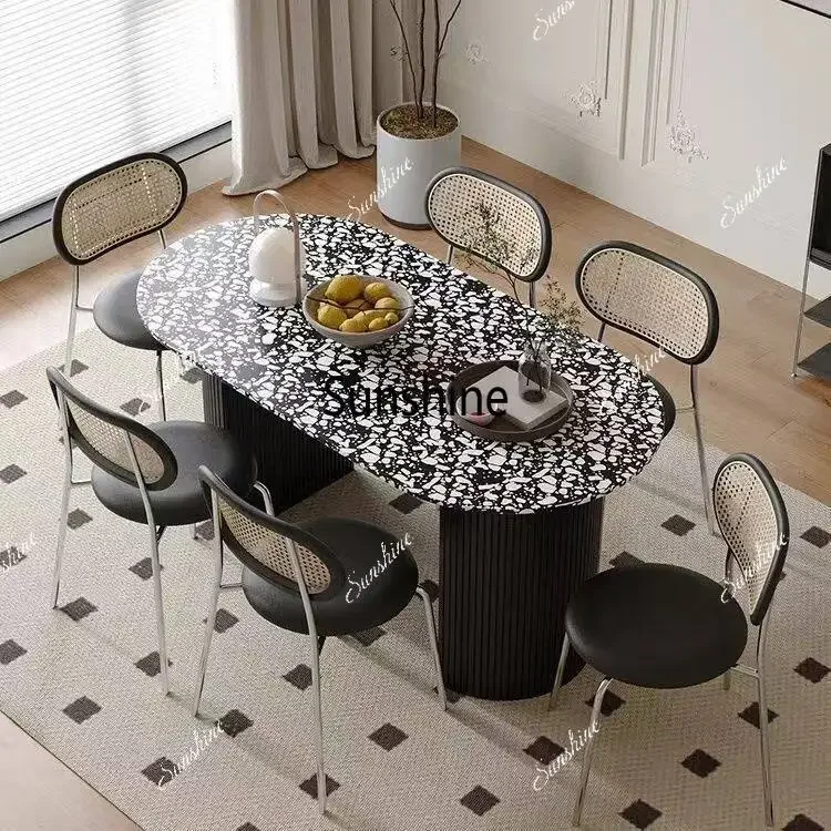 French retro dining table oval light luxury high-end dining table cream wind tableTJ