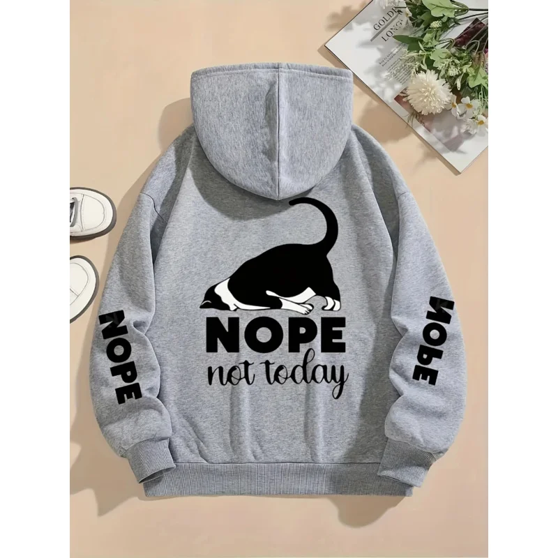 لا ليس اليوم يطبع هوديس المرأة لطيف القط البلوفرات فضفاضة جيب القمم الدافئة الصوف بلوزات الشتاء ملابس امرأة غير رسمية