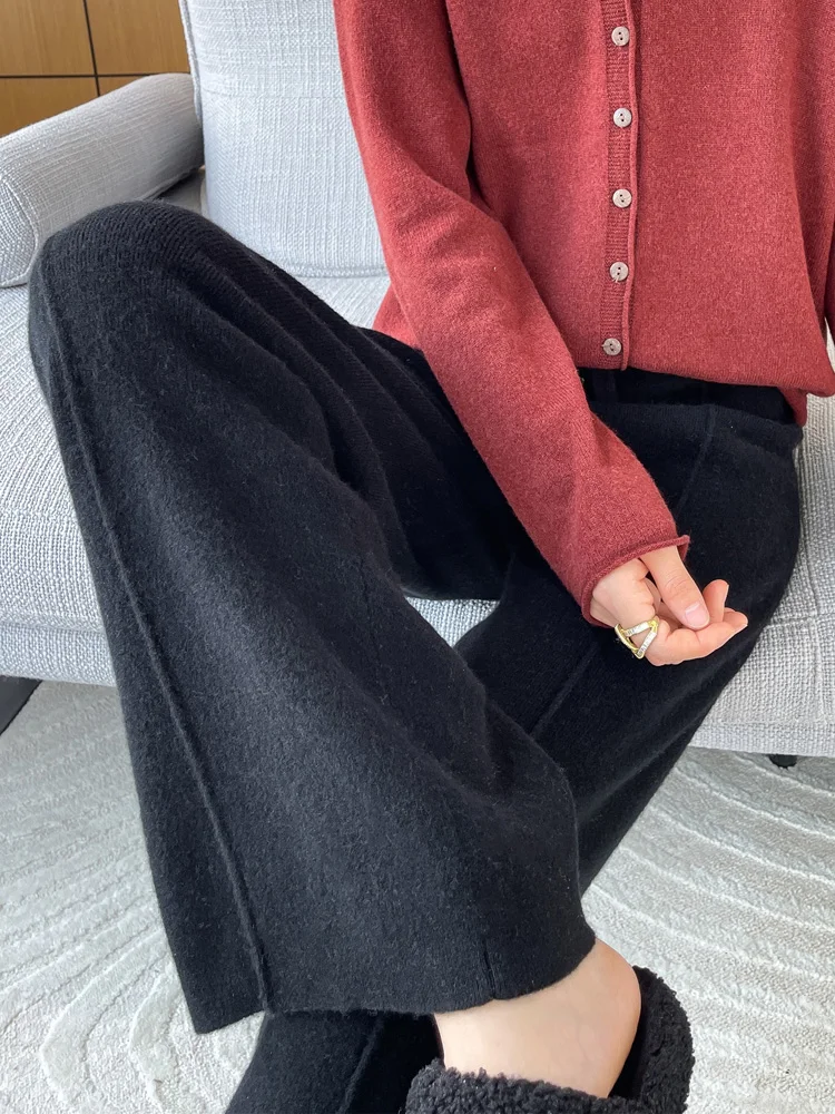 Women Wool Wide Leg Pants 100% Merino Wool Knitted Elastic Waist Casual Vintage Trousers Thick Warm Autumn Winter Comfortable