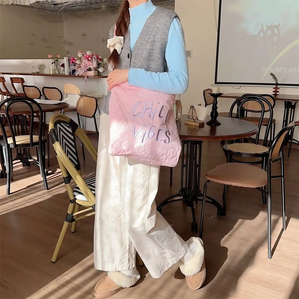 

Large Capacity Drawstring Puffer Tote Bag Lightweight Embroidery Nylon Padded Tote Bag All-match Candy Color