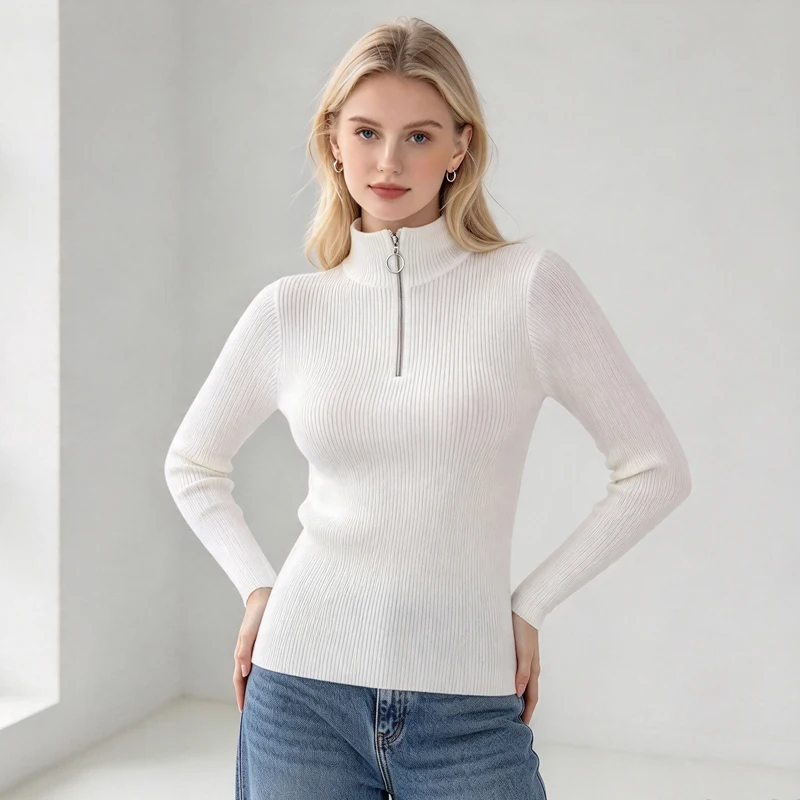 Chic Zipper Mock Neck Ribbed Knit Sweater Long Sleeve Slim Fit Pullover Top Autumn Winter Solid Color Casual Basic Jumper