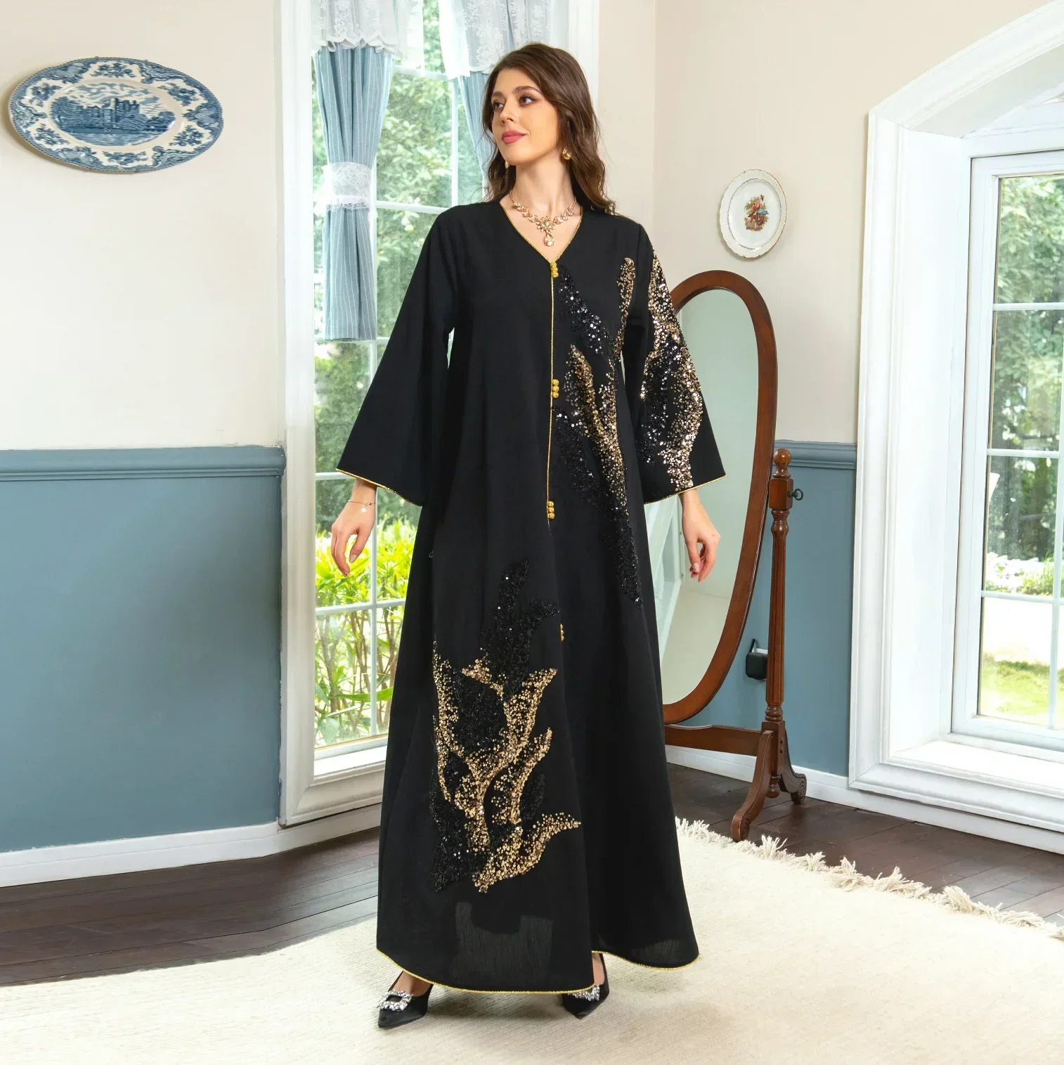

Women Evening Robe Party Dresses for Women Dubai Arabia Muslim Abaya Elegant Long-sleeved Patchwork Embroidered Loose Dresses