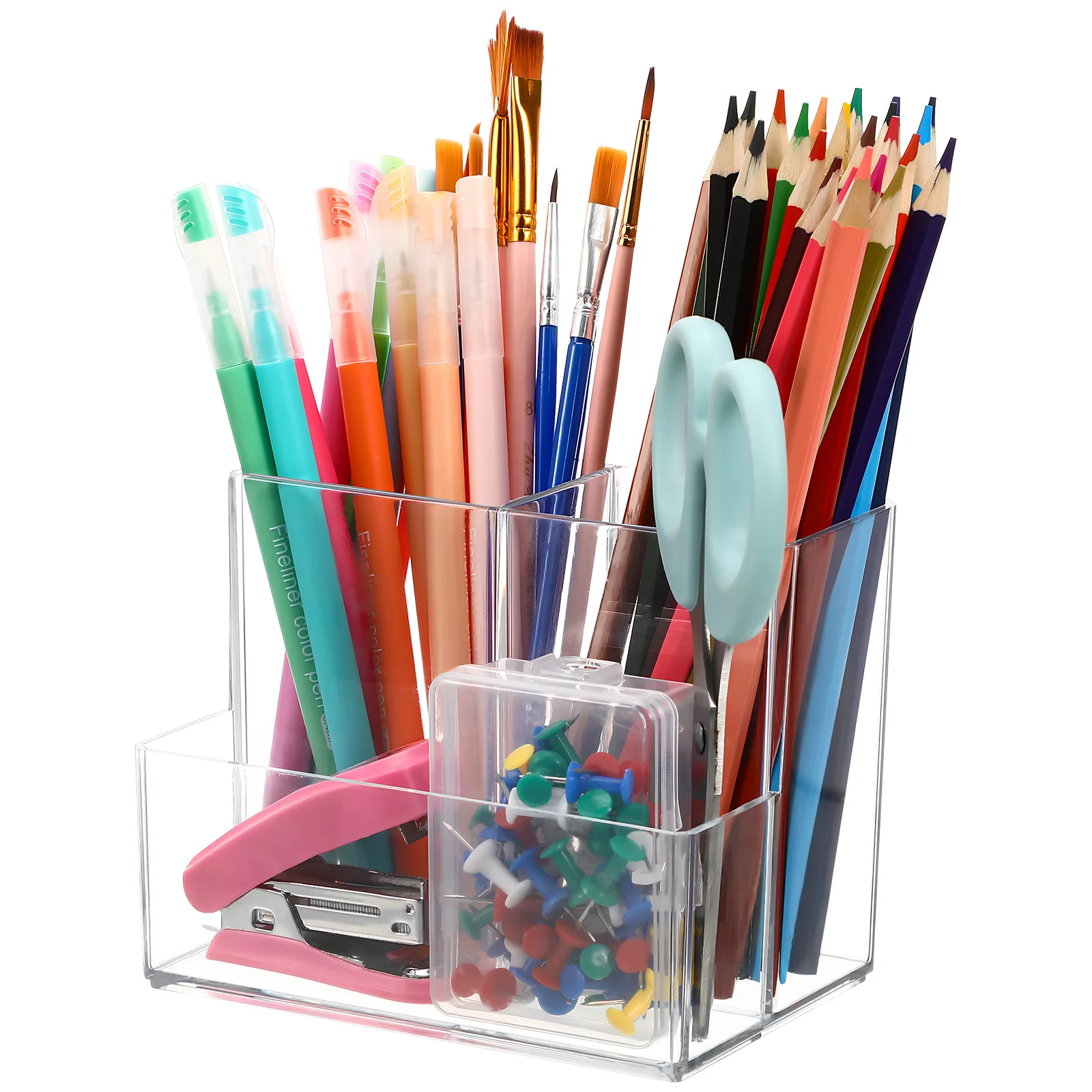 Durchsichtiger Desktop-Make-up-Organizer mit geteilten Fächern, Pinselhalter für Kosmetika, Hautpflege, Stifte, Bürobedarf, Aufbewahrungskoffer